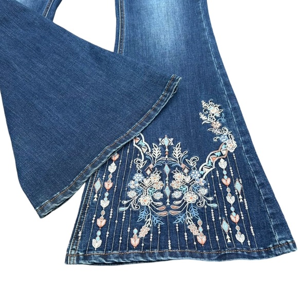 Grace In LA Bell Bottom Jeans 27 Sequins Embroidered Boho Hippie Flare Weatern - Picture 8 of 12
